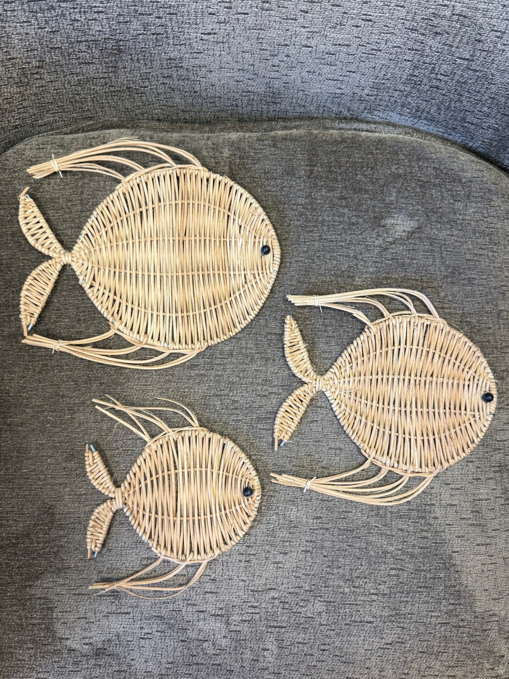 Set of 3 Vintage Nautical Boho Wicker Rattan Fish Beach House Wall Decor.